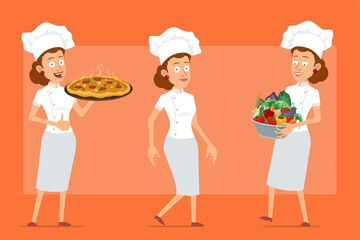 Cartoon flat funny chef cook woman character in white uniform and baker hat. Girl carrying pot with fresh vegetables and hot pizza. Ready for animation. Isolated on orange background. Vector set.