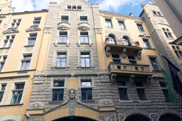 Riga, Latvia. Art Nouveau building, Jugendstil , 1909. Jauniela Street. It is known as house on...