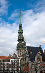 central Riga square with house of Blackheads and st peter’s cathedral, Latvia