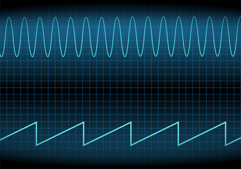 Sine wave and Sawtooth signal on the oscilloscope. The voltage waveform. A sound wave of light on a dark background. Turquoise color. Stock vector illustration.