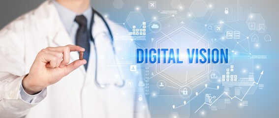 Doctor giving a pill with DIGITAL VISION inscription, new technology solution concept