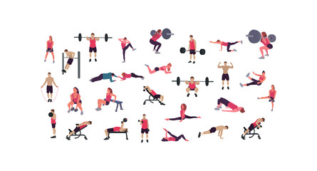 Fototapeta na wymiar Man and woman gym set. Workout flat illustration collection - Vector