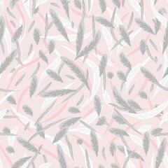 Abstract of pink, gray, white fantasy feathers on a gently pink background .Vector, seamless pattern. For the design of wallpaper, fabric, wrapping paper.