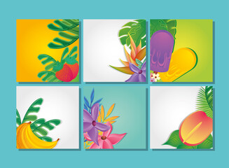 set of templates summer with flowers, fruits and symbols of summer