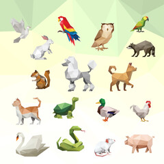 BIRD RABBIT OWL RACOON DOG POODLE CHIPMUNK CAT TURTLE DUCK CHICKEN SWAN SNAKE MOUSE RAT PIG ROOSTER ANIMAL PET LOW POLY LOGO ICON SYMBOL. TRIANGLE GEOMETRIC POLYGON
