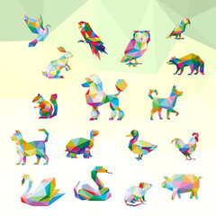 BIRD RABBIT OWL RACOON DOG POODLE CHIPMUNK CAT TURTLE DUCK CHICKEN SWAN SNAKE MOUSE RAT PIG ROOSTER ANIMAL PET POP ART LOW POLY LOGO ICON SYMBOL. TRIANGLE GEOMETRIC POLYGON
