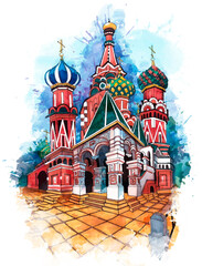 St. Basil's Cathedral on Red Square in watercolor, Moscow Kremlin, Russia.