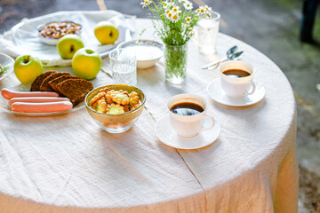 coffee and breakfast on the table outdoor food background top view copy space for text organic healthy eating
