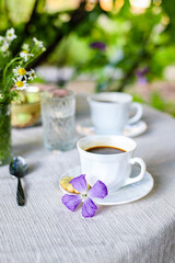 coffee and breakfast on the table outdoor food background top view copy space for text organic healthy eating