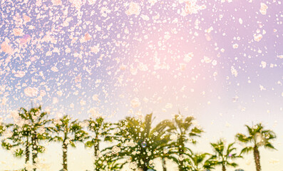 Creative toned summer background with palm trees and bubbles and soap foam from pool party blower against colorful sky backdrop. Summer holidays, vacation, fun sports, family travel, tourism concept.