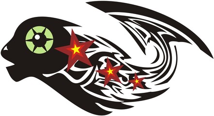 Ornamental fish symbol on a white background. Fish with an arrow-shaped tail, a large green eye and stars for emblems, embroidery, tattoo, prints, etc.