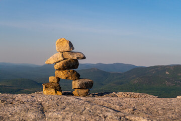 View of an Inukshuk at the summit of "La Chouenne" mountain in Charlevoix, Quebec