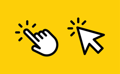 Hand and arrow clicking pointers. Click icons.