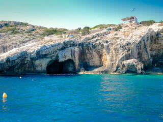 The island of Zakynthos. Blue caves. The Ionian Sea, Greece, flag of Greece
