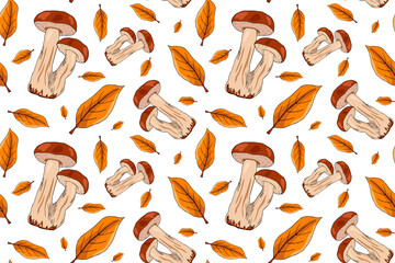 Autumn seamless pattern with porcini mushrooms and autumn leaves. Autumn hand drawn pattern for gift paper, web page background, autumn greeting card.