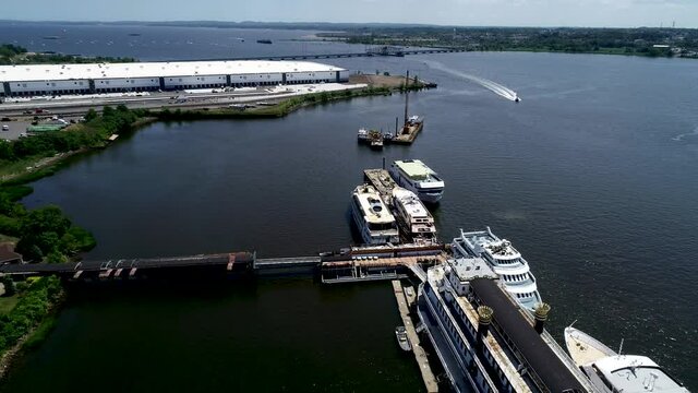 Aerial view of boats on a dock of the Raritan River in Perth Amboy, New Jersey