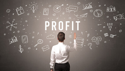 Rear view of a businessman with PROFIT inscription, modern business concept