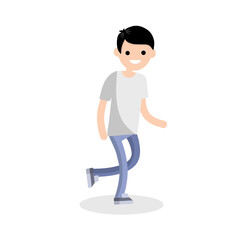 Young adult man in white t-shirt and blue jeans. Regular guy. ordinary boy running. Active motion and lifestyle. Cartoon flat illustration