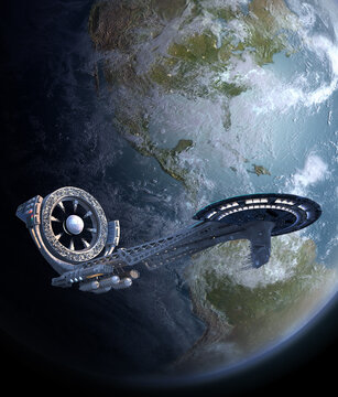 Spaceship with power wheel and deck near Earth