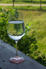 The glass on the street reflects the sky with clouds and the Park