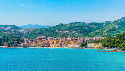 The view from the castle across the Bay of Poets towards San Terenzo at Lerici, Italy in the summertime