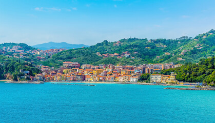 Obraz premium The view from the castle across the Bay of Poets towards San Terenzo at Lerici, Italy in the summertime