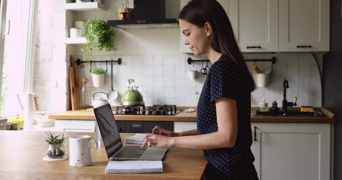 Woman stands near dining table in kitchen typing on pc enjoy chat with friend spend free time on internet, do freelance remote job, emailing to client, virtual talk modern tech, work from home concept