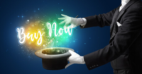 Magician hand conjure with wand and Buy Now inscription, shopping concept