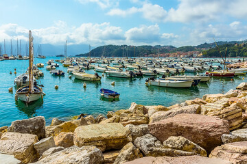 A view from the shore out into the Bay of Poets at Lerici, Italy in the summertime