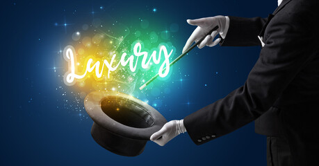 Magician hand conjure with wand and Luxury inscription, shopping concept