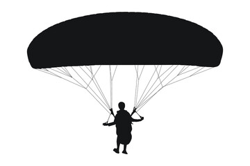 Vector silhouette of parachutist skydiving on parachute from the sky, illustration of skydiver flying on extreme air adventure sport