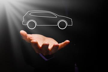 Hands protecting icon of car. view of hands showing gesture of protecting car. Car insurance and...
