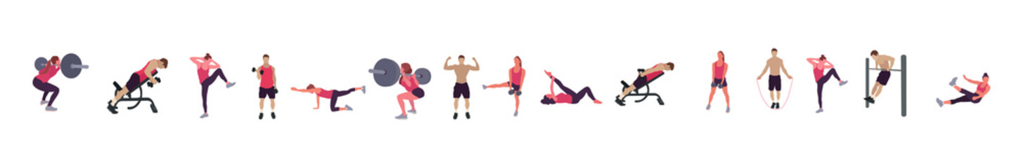 Man and woman gym set. Workout flat illustration collection - Vector
