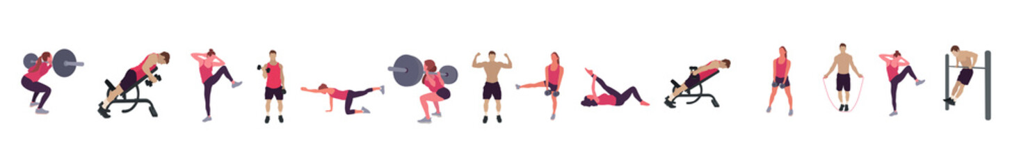 Man and woman gym set. Workout flat illustration collection - Vector