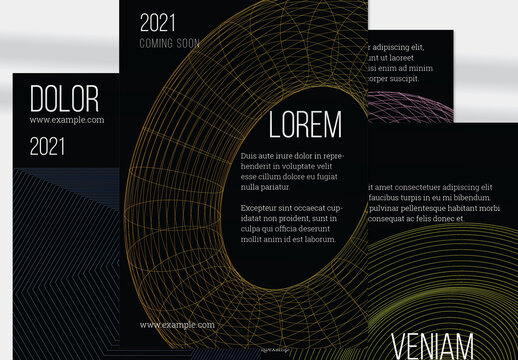 Orange Vertical Flyer Layout with Geometric Wireframe Shapes on Black