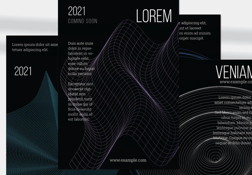 Purple Wave Vertical Flyer Layout with Geometric Wireframe Shape on Black