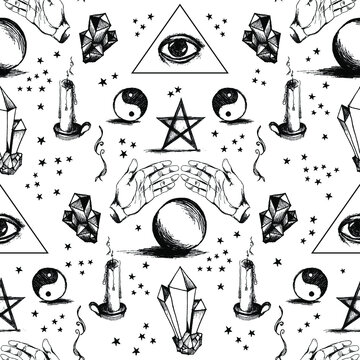 Hand drawn fortune tellers tools seamless pattern with esoteric and magical stuff in black and white