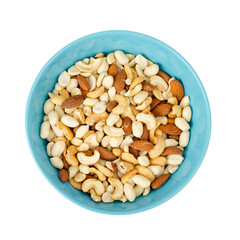 Mix of different nuts in blue bowl.