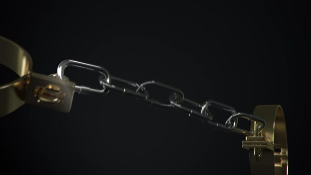 4k concept animation of brass type virtual shackles or handcuffs struggle and eventually break the chain. Comes with the Alpha Matte.