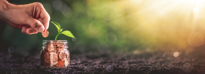 Hand Adding Penny To Coin Jar With Plant In Soil - Business Growth / Investment Concept