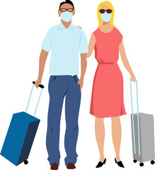 Traveling couple with suitcases, wearing protective face masks, EPS 8 vector illustration