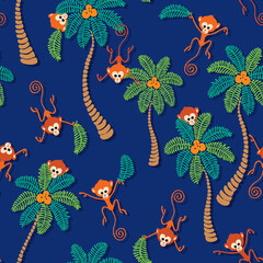 Seamless pattern with Little Monkeys and Coconut Trees