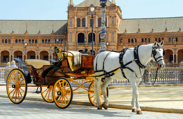Horse-drawn carriage at Plaza de Espana, Seville, Spain