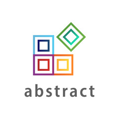 Abstract logo of geometric blocks shapes square, cube, rhombus. Logo template, sign, symbol, icon, pictogram of colorful shapes from contour lines. Logo kids industry. Vector illustration.