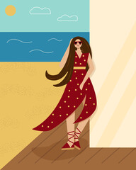 A stylish woman in a red polka dot dress is relaxing at the sea. Vacation, beach. Illustration