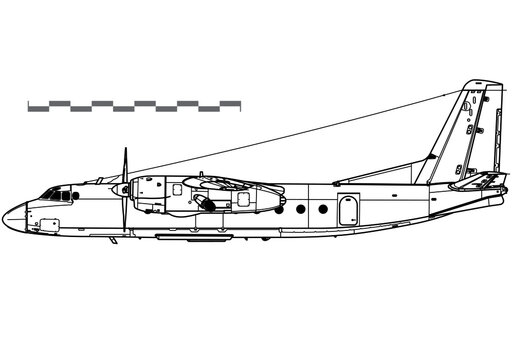 Antonov An-24 Coke. Vector drawing of military transport aircraft. Side view. Image for illustration and infographics.