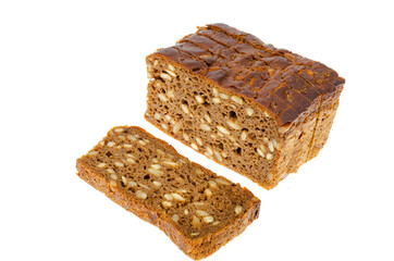 Slices of brown rye bread with sunflower seeds isolated on white background.