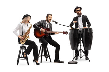 Man playing an acoustic guitar, female sax player and a man conga drummer performing in a band