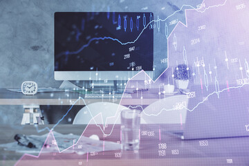Multi exposure of financial graph drawing and office interior background. Concept of market...