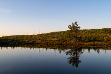 Fototapeta na wymiar Trees reflecting in a small lake, in Charlevoix, Quebec